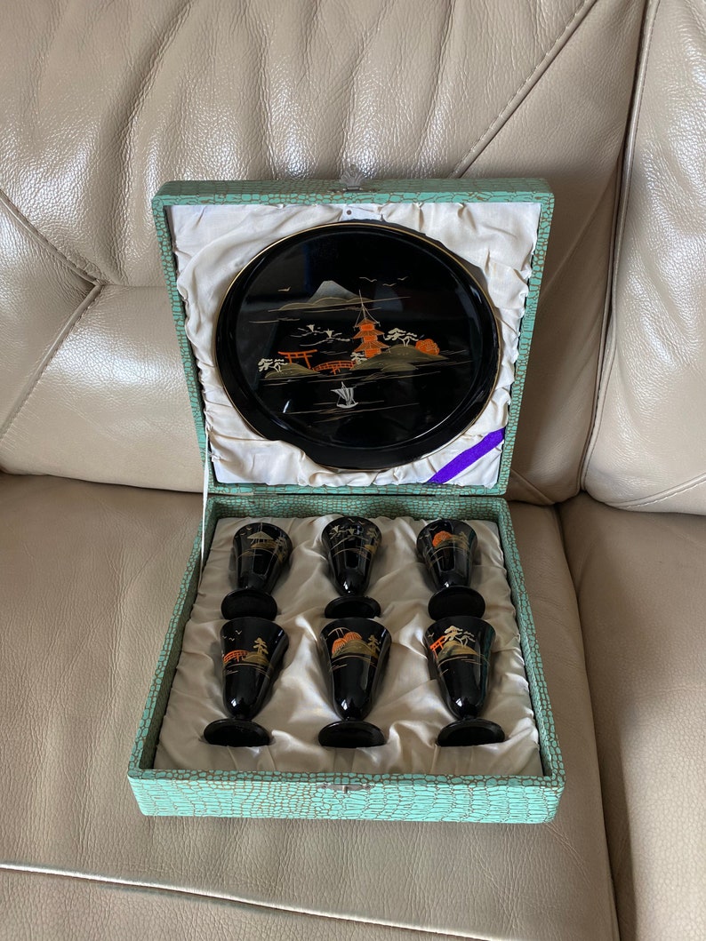 Japanese Sake Set Vintage Shot Glasses Tray Set Original Box Etsy