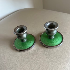 Antique Candlesticks Chrome Candlesticks Pair Candle Holders Pair Candlesticks 2 Vintage Candlesticks 1920s 1930s 1940s Faux Guilloche Green