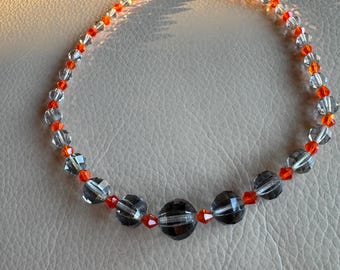 Vintage Orange & Smoke Glass Beaded Necklace - 1930s 16 inch