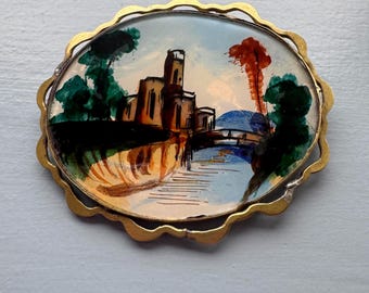 Antique Miniature Painting Brooch: Reverse Painted  Glass, 19th century pin, Victorian jewellery