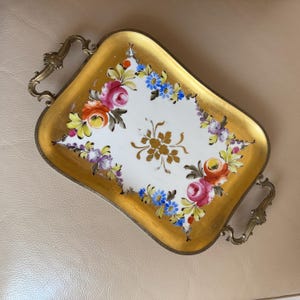 Antique Porcelain Tray Antique French Tray Hand Decorated Tray Serving Tray Cake Tray Small Tray  Limoges Tray Brass Frame Vieux Paris