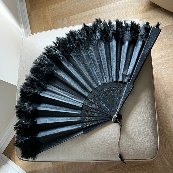 Antique Fan Black Feather Hand Fan Carved Wood Fan 18… Gem