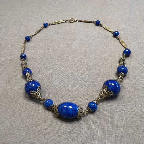 Antique Glass Necklace Antique Necklace Art Deco Necklace Link Necklace 1930s Necklace Graded Necklace  Opalescent Glass Beads Cobalt Blue