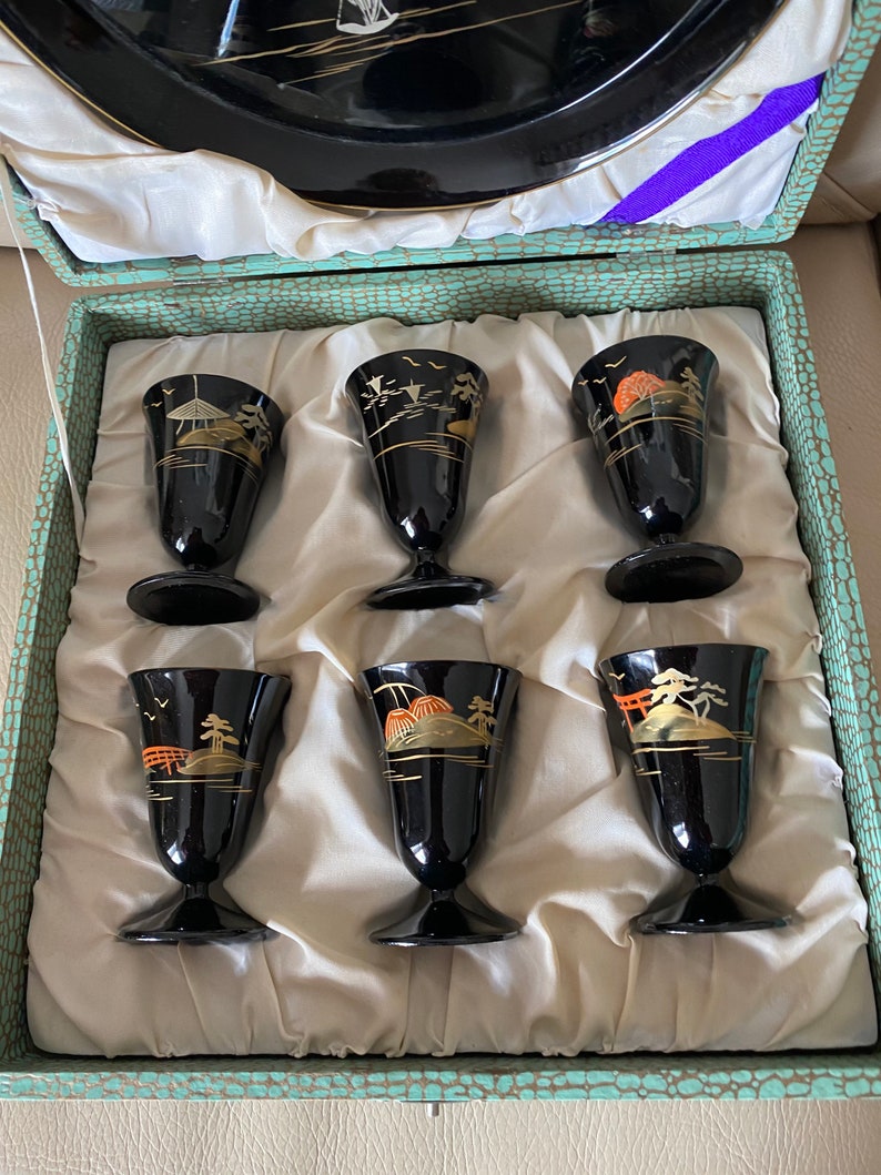 Japanese Sake Set Vintage Shot Glasses Tray Set Original Box Etsy