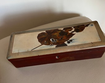 Antique Glove Box Fan Box Victorian Box Oriental Box Brown Lacquered Box Hand Painted Box Gilded 1900s Lotus Chinese Pencil Box