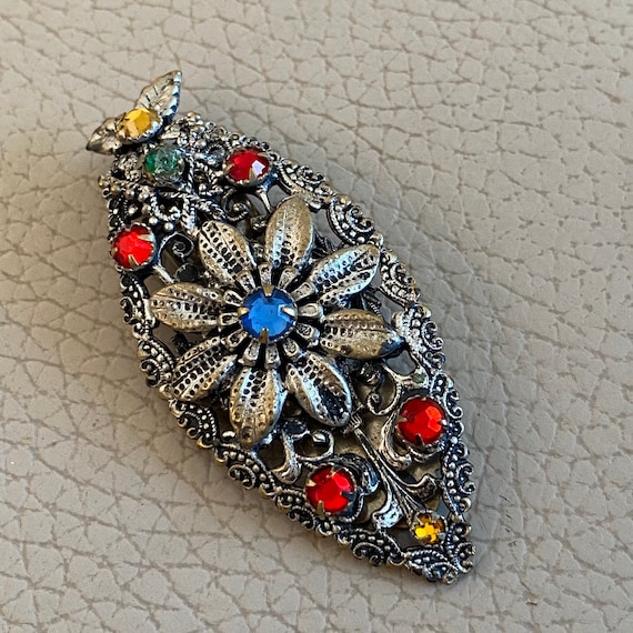Vintage Filigree Floral Shoe Clip: Niello Enamel, Glass  display picture 2