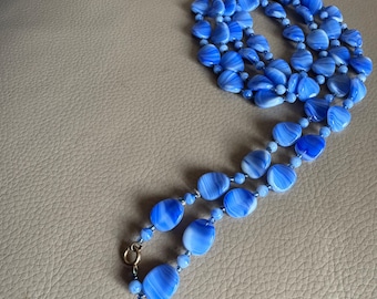 Vintage Blue Glass Bead Flapper Necklace - 54 inch