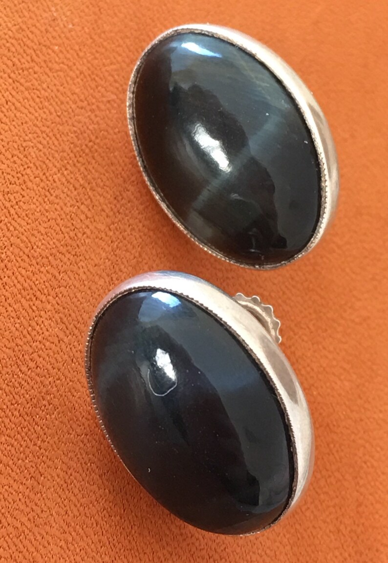 1950s Silver Earrings Blue Tigers Eye Black Oval Large Vintage Retro Screw On