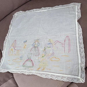 Antique French Lace Handkerchief Antique Silk Hanky Edwardian 1910s 1920s Embroidered Handkerchief Breton Large Hanky Drawn Thread Work