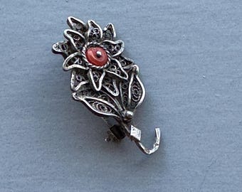 Broche Ancienne En Argent Massif Filigranée - Cabochon Corail, Occasion, état Correct