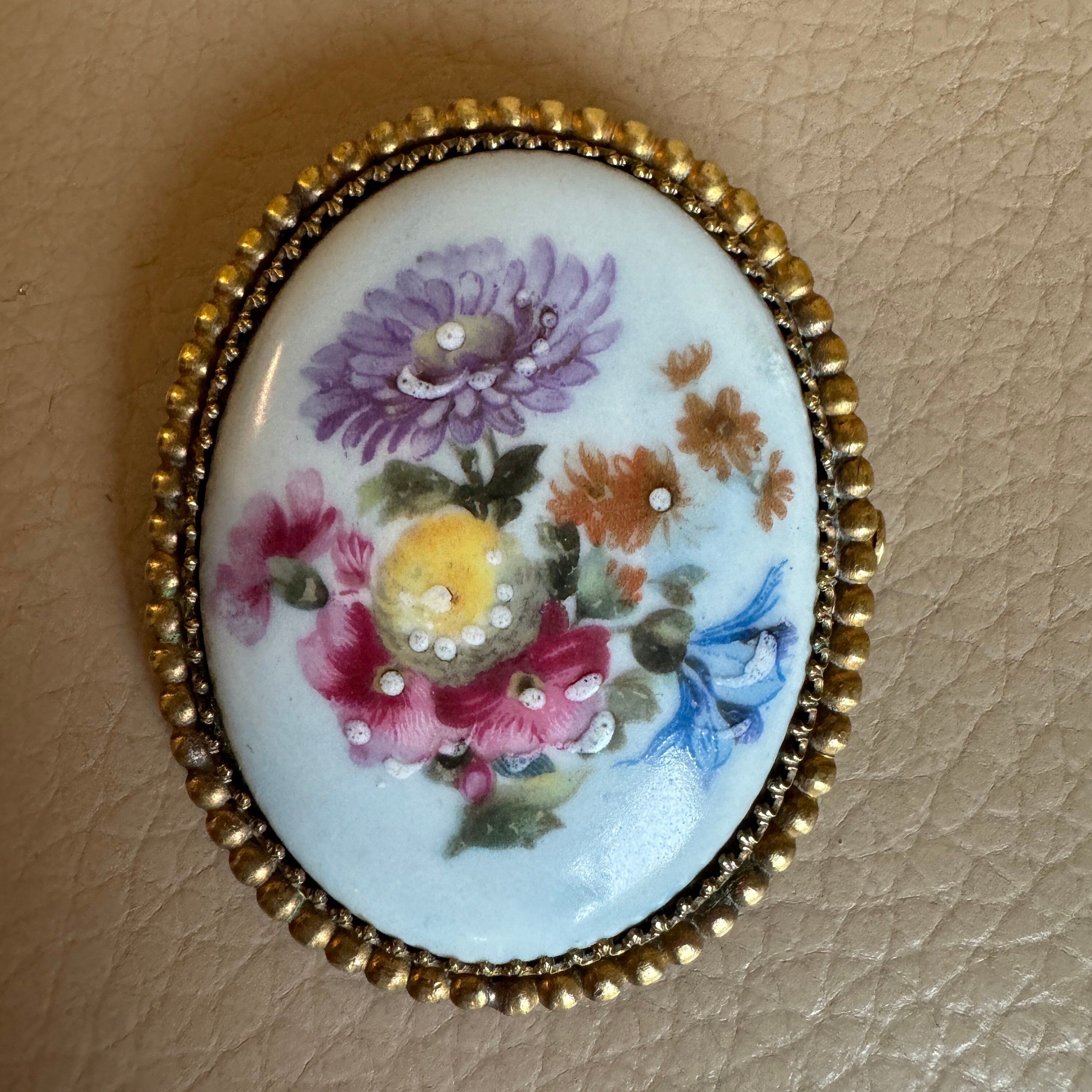 Broche Vintage En Porcelaine De Limoges Décor Rose Or - 3,8 Cm, Occasion Très Bon état