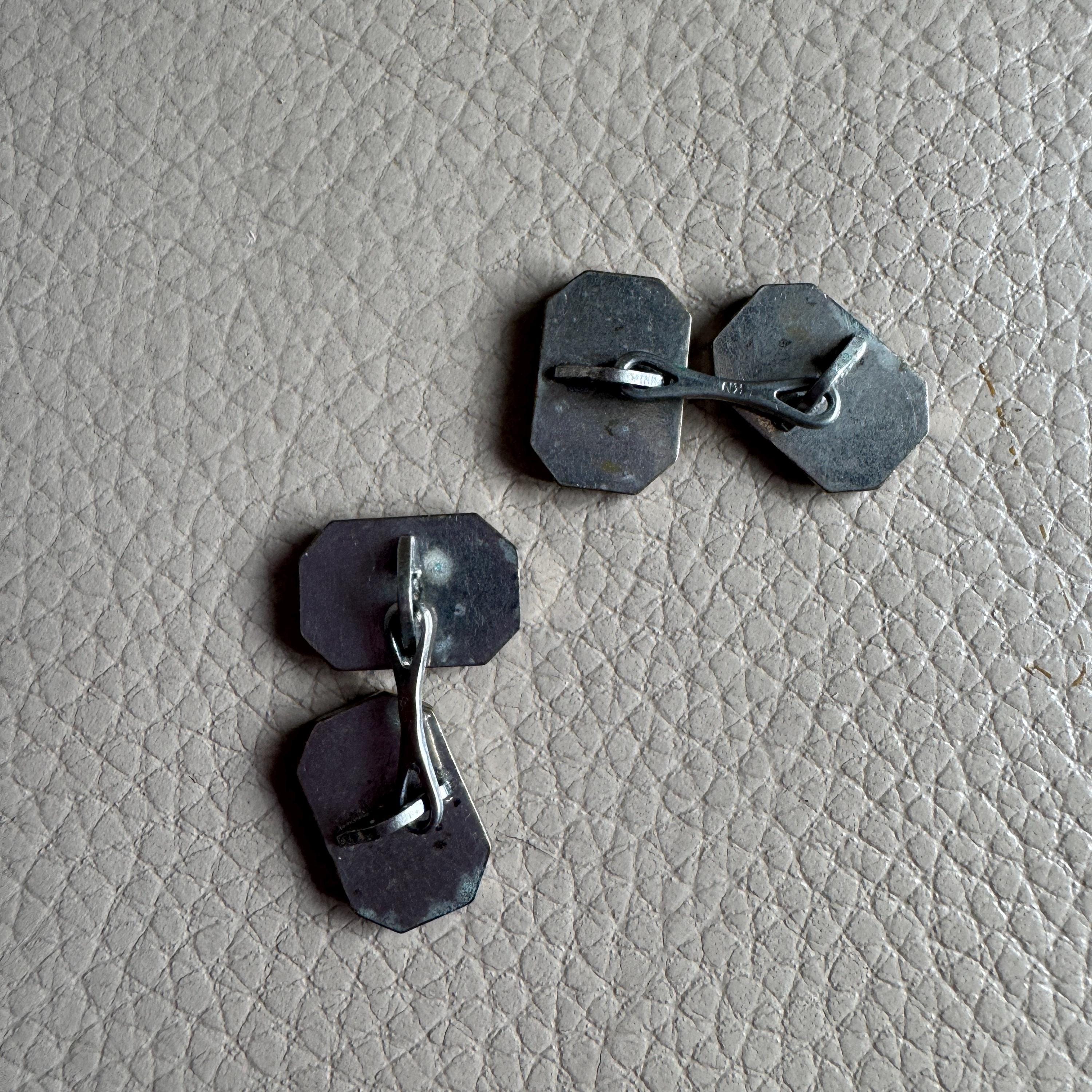 Boutons De Manchette Vintage émaillés - Design Art Déco Géométrique - Marque Murat - Occasion