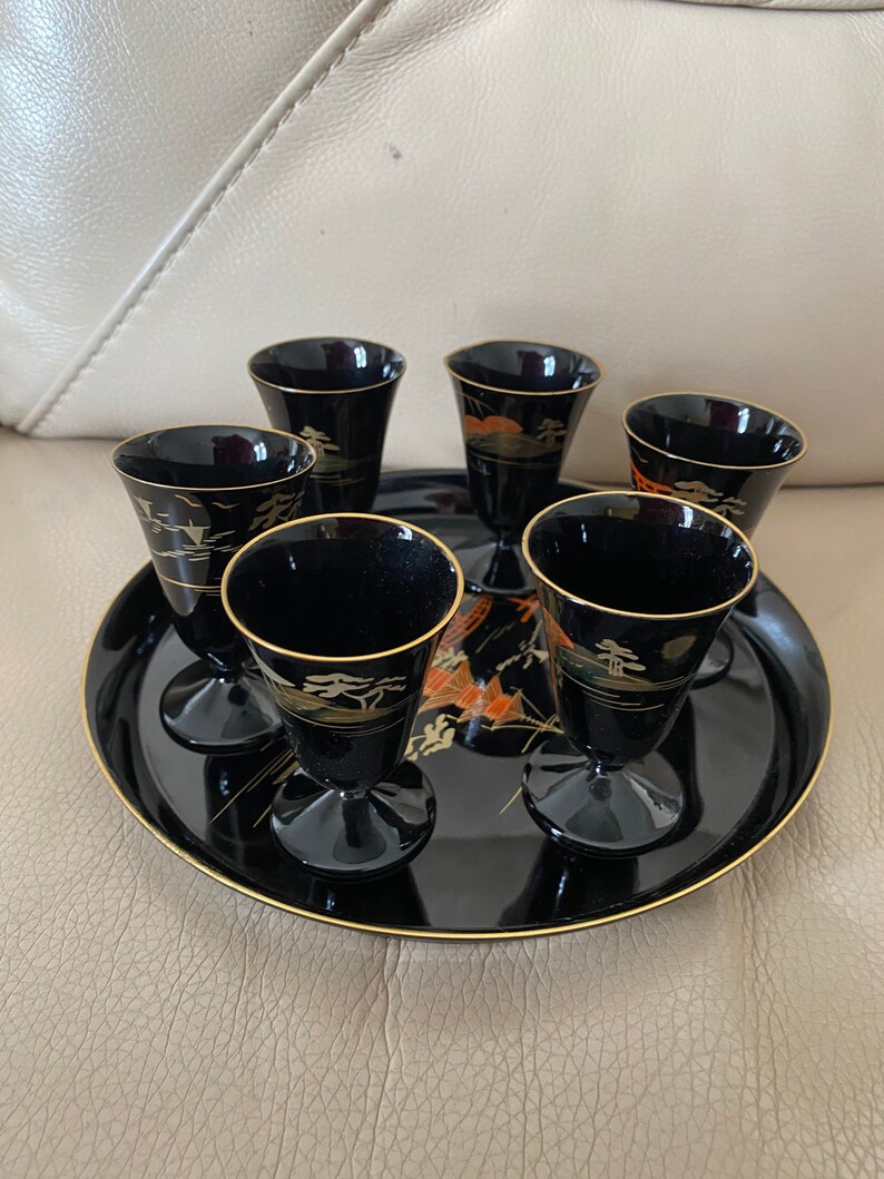 Japanese Sake Set Vintage Shot Glasses Tray Set Original Box Etsy