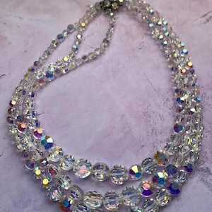 vintage 3 strand necklace glass necklace Aurora Borealis glass necklace 1950s crystal necklace twin strand triple strand beads wedding beads