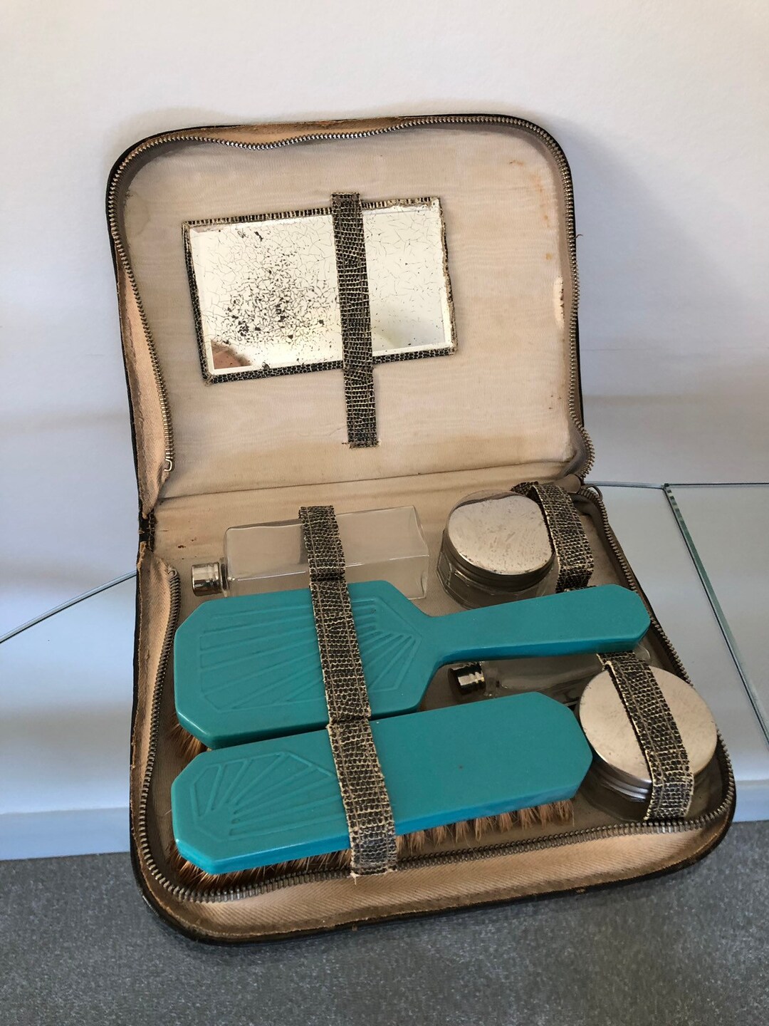 1930s Vanity Set Vintage Vanity Set Vanity Box 7 Piece Blue Mirror Rouge Cream Pots Brushes