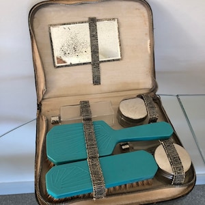 1930s Vanity Set Vintage Vanity Set Vanity Box 7 Piece Blue Mirror Rouge Cream Pots Brushes Perfume Bottles Case Art Deco 1920s Leather Silk