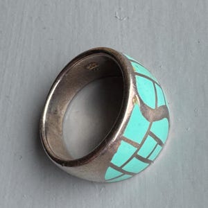 Vintage Silver Ring Enamel Silver Ring Enamel Ring  UK N US 7 Brutalist Ring Aqua Ring Blue Enamel Ring Chunky Ring 1970s Ring 1980s Ring