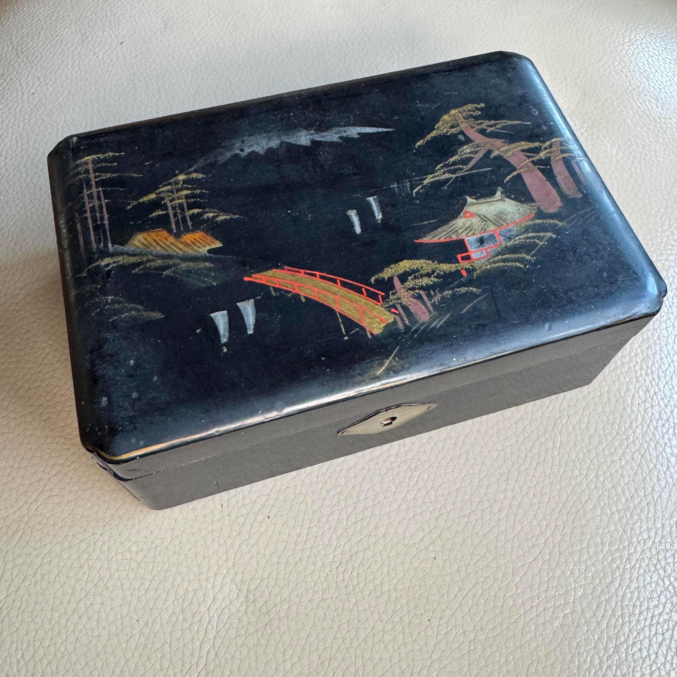 Vintage Japanese Jewelry Box, Hand Painted Lacquered, 1940s, 1950s