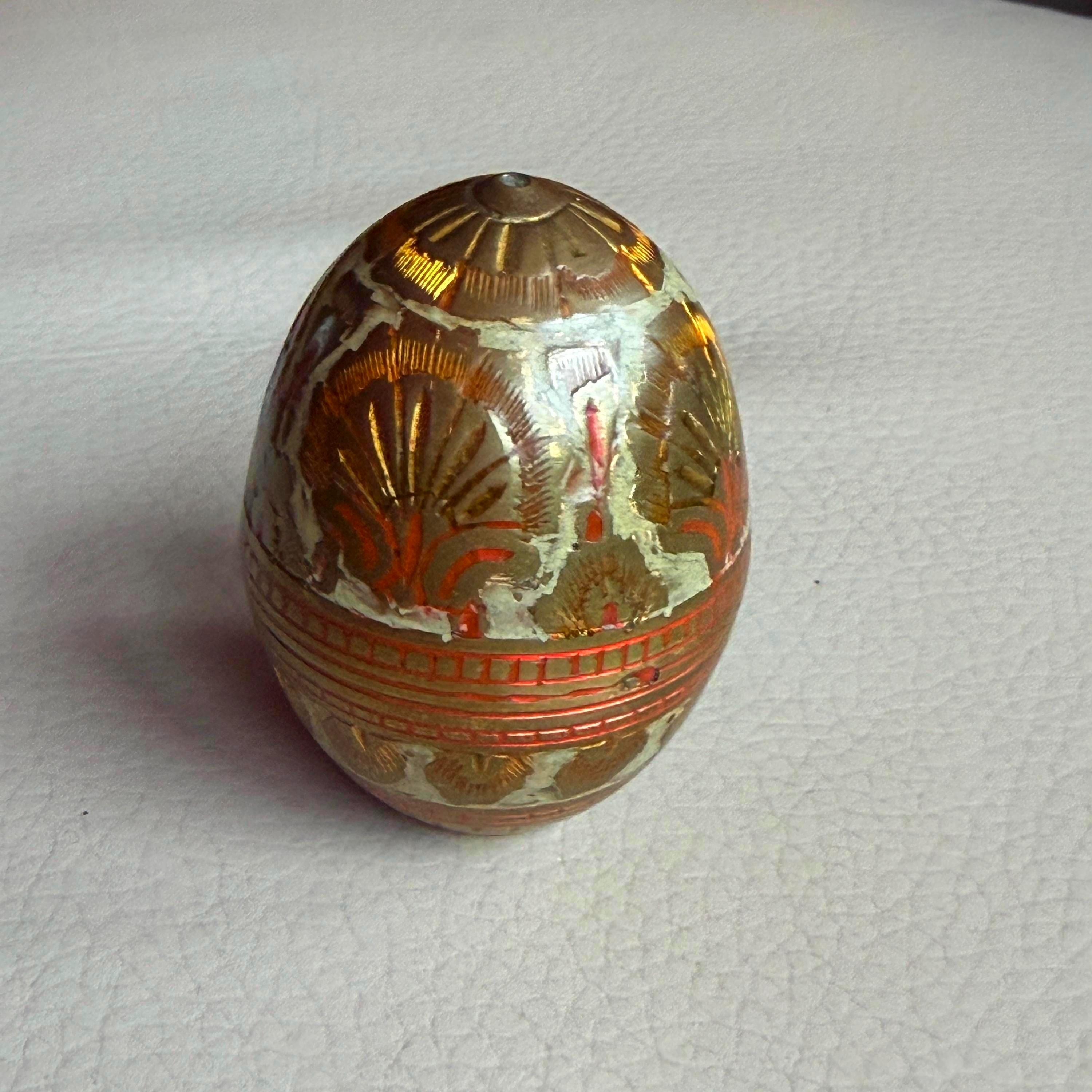 Antique Brass Sewing Egg: Vintage Enamel Etched Thimble Case,