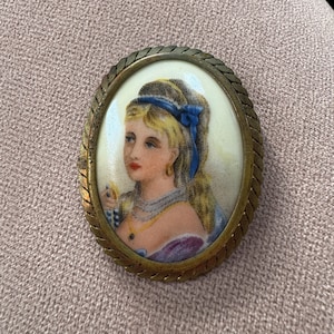 Vintage Portrait Brooch 1930s Limoges Porcelain French Antique Brooch Picture Brooch Trombone Clasp 1920s Limoges Brooch Pin