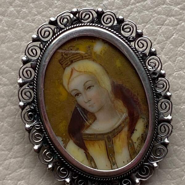 Antique Miniature Portrait Brooch Italian Silver 800 Silver Pendant Miniature Painting Filigree Picture 19th Century Brooch Gothic Revival