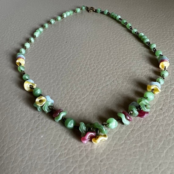 Vintage Enamel Pendant, Green Cream, Rhinestones, Flower