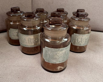 vintage spice jars French spice jars smoke glass spice jars 1960s spice pots 1970s spice jars set spice jars set 8 jars l etain a la rose