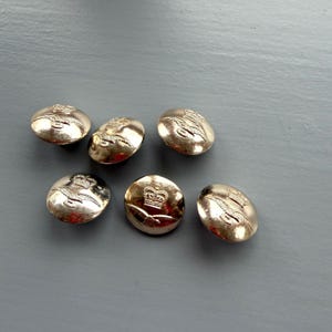 Könnte beinhalten: Sieben goldfarbene Metallknöpfe mit geprägten Designs. Die Knöpfe zeigen verschiedene Embleme, darunter Kronen und Vögel. Die Knöpfe sind auf einer grauen Oberfläche angeordnet und zeigen ihren metallischen Glanz und ihre filigranen Details.