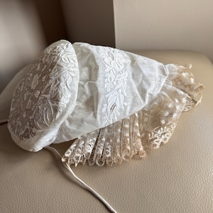 Antique French Ladys Bonnet Antique Alencon Lace Cap Taped Lace Antique Lace Cap 1880s Cap  Lace Bonnet Stiffened Ladys Cap Floral Lace Hat