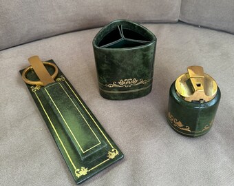 vintage desk set vintage French desk items green leather desk set 3 piece desk set 1970s office accessories Le Tanneur France pencil holder