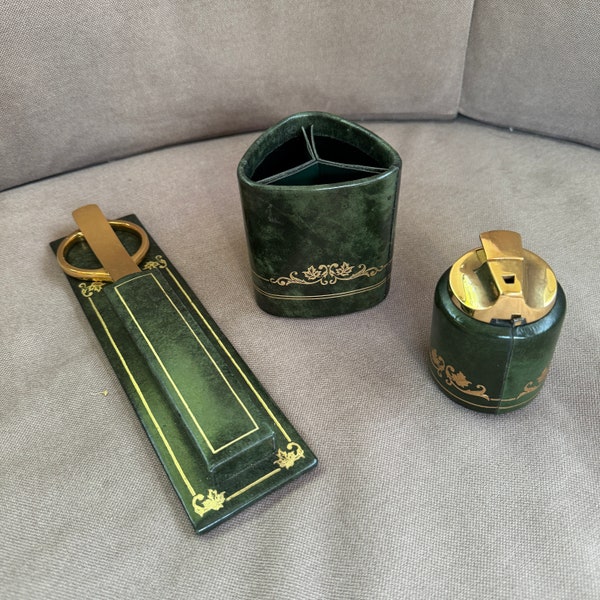 vintage desk set vintage French desk items green leather desk set 3 piece desk set 1970s office accessories Le Tanneur France pencil holder