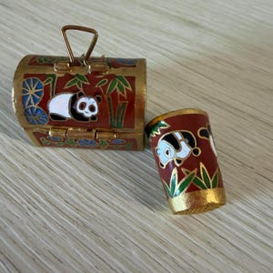 Vintage Cloisonné Enamel Thimble in Case:  Sewing Accessory, Panda Design