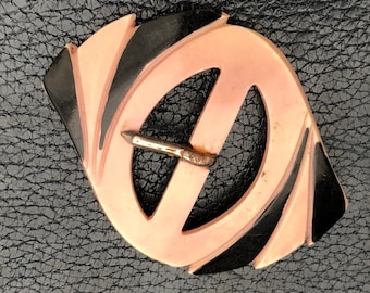 Vintage Art Deco Belt Buckle: Black & Pink Celluloid, 1930s German
