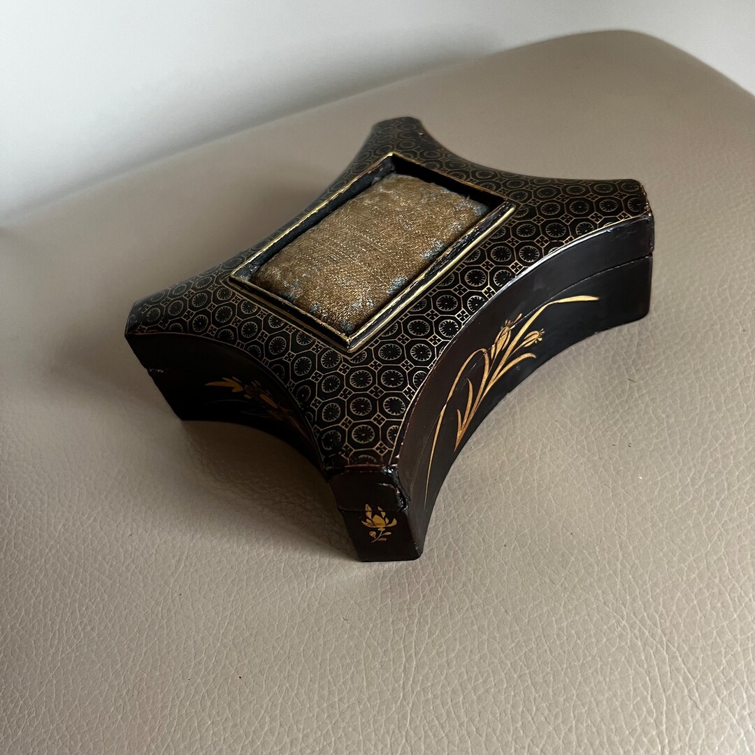 Antique Japanese Sewing Box Antique Pin Cushion Lacquered Box Black