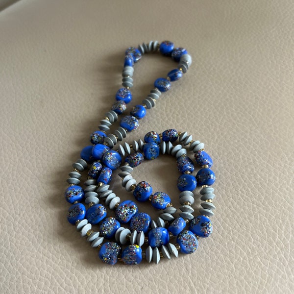 Millefiori Necklace Blue Glass Necklace Vintage Necklace Antique Beads Grey Wooden Beads Wired  1930s Beads Vintage Beads 28inches No Clasp