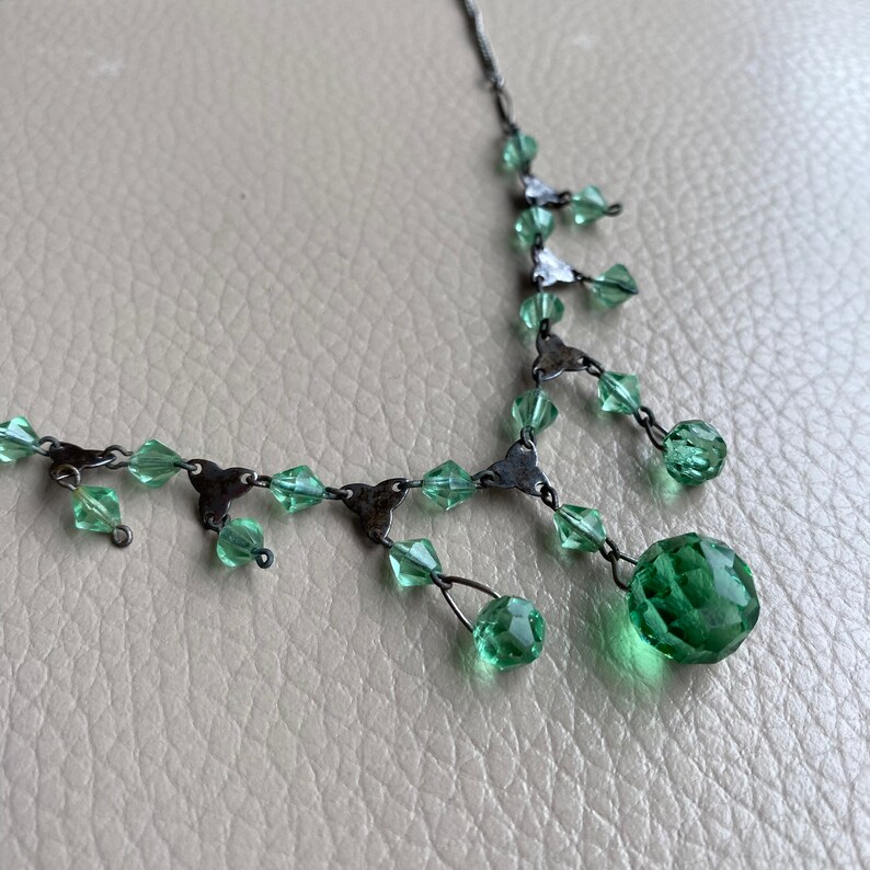 1930s Green Glass Necklace Dropper Necklace Dangle Necklace Vintage NecklaceLink Necklace 1920s 16 Inches Glass Beading Art Deco Geometric