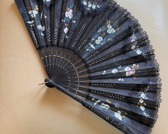 vintage hand painted black gauze lace trimmed folding hand fan: wooden, carved, 1970s, flowers