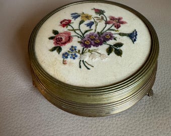 Vintage Petit Point Floral Trinket Box: Gilded Brass, Velvet Lined