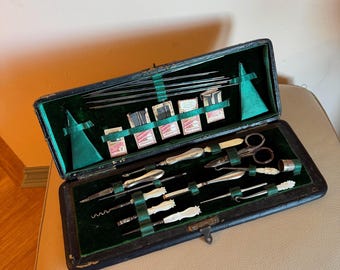 antique sewing case: Victorian etui, necessaire, hallmarked silver manicure tools, mother of pearl, needle packets, velvet and silk lined