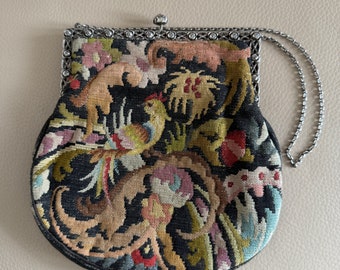 Sac de soirée antique à monture en argent 800 : motif floral et oiseau
