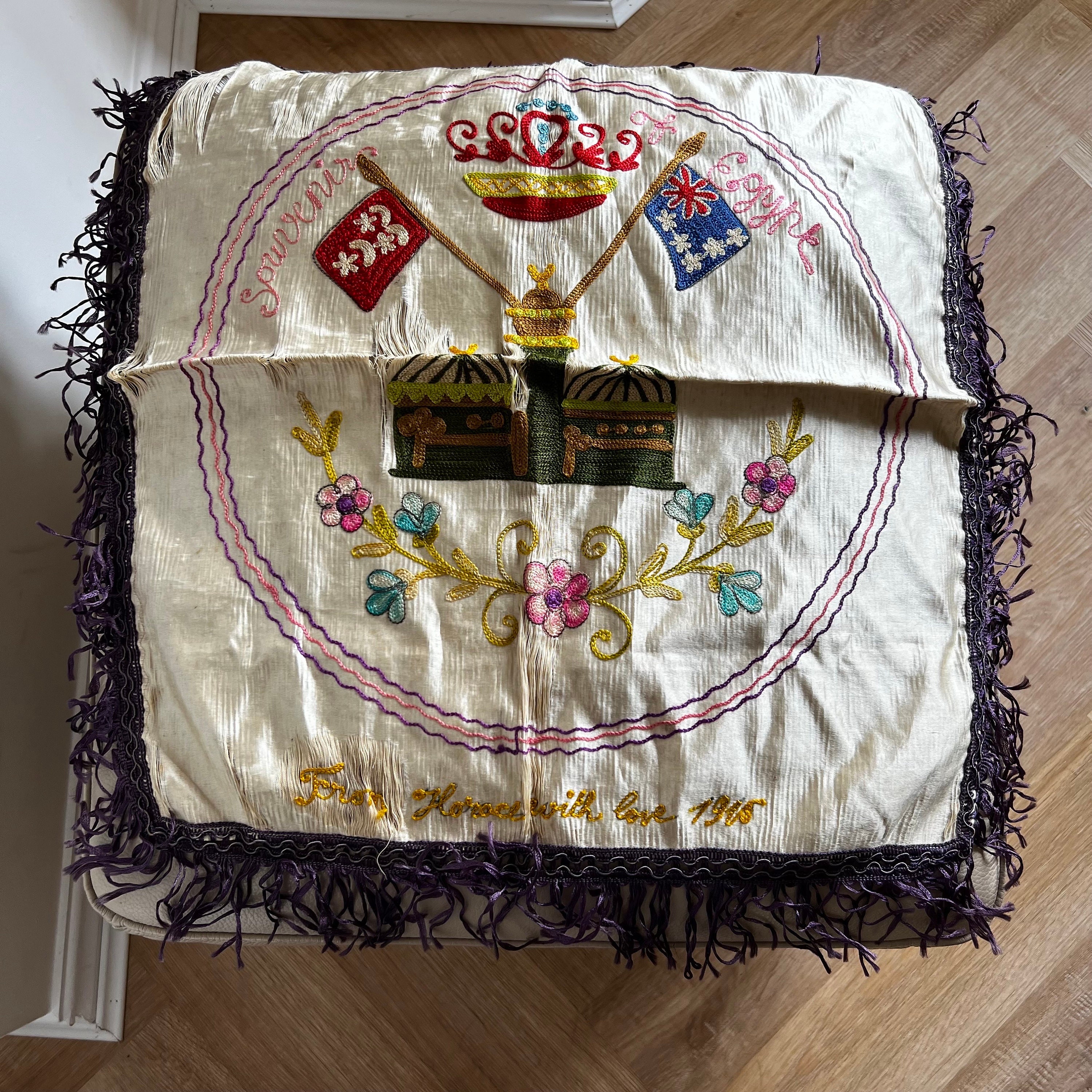 Antique Silk Embroidered Souvenir Mat: 1915 WW1 Egypt, Tasselled