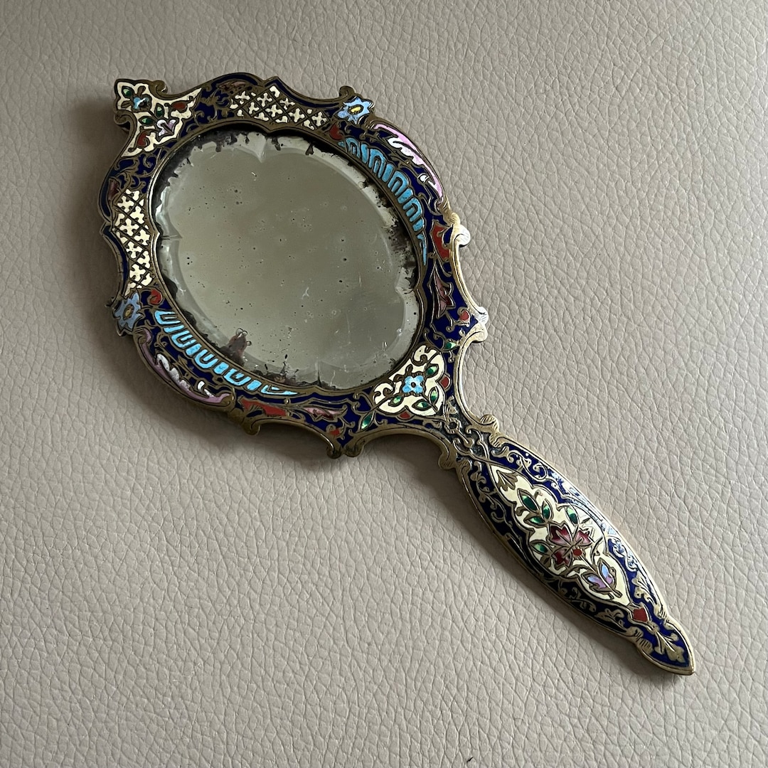 Antique French Champleve Enamel Hand Mirror: Victorian Bevelled
