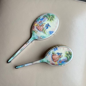 1930s Vanity Set Vintage Enamel Dressing Table Set Vintage Hand Mirror Hair Brush 1940s Vanity Set Boudoir Bedroom 2 Piece English