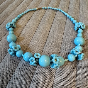 Antique Glass Flower Necklace Vintage Glass Necklace Blue Glass Beads 1920s 1930s Glass Flower Beads Blue Glass Necklace 16inch Necklace
