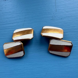 vintage enamel cufflinks white striped mens cufflinks chain cufflinks 1930s cufflinks Art Deco geometric cufflinks octagonal cufflinks