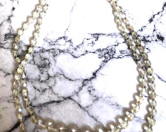Vintage Aurora Borealis Glass Bead Necklace: 1950s Crystal Double Strand, 17 inch