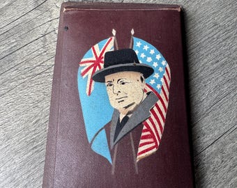 Porta-bloco de notas vintage Winston Churchill: papelaria de madeira pintada à mão dos anos 1950