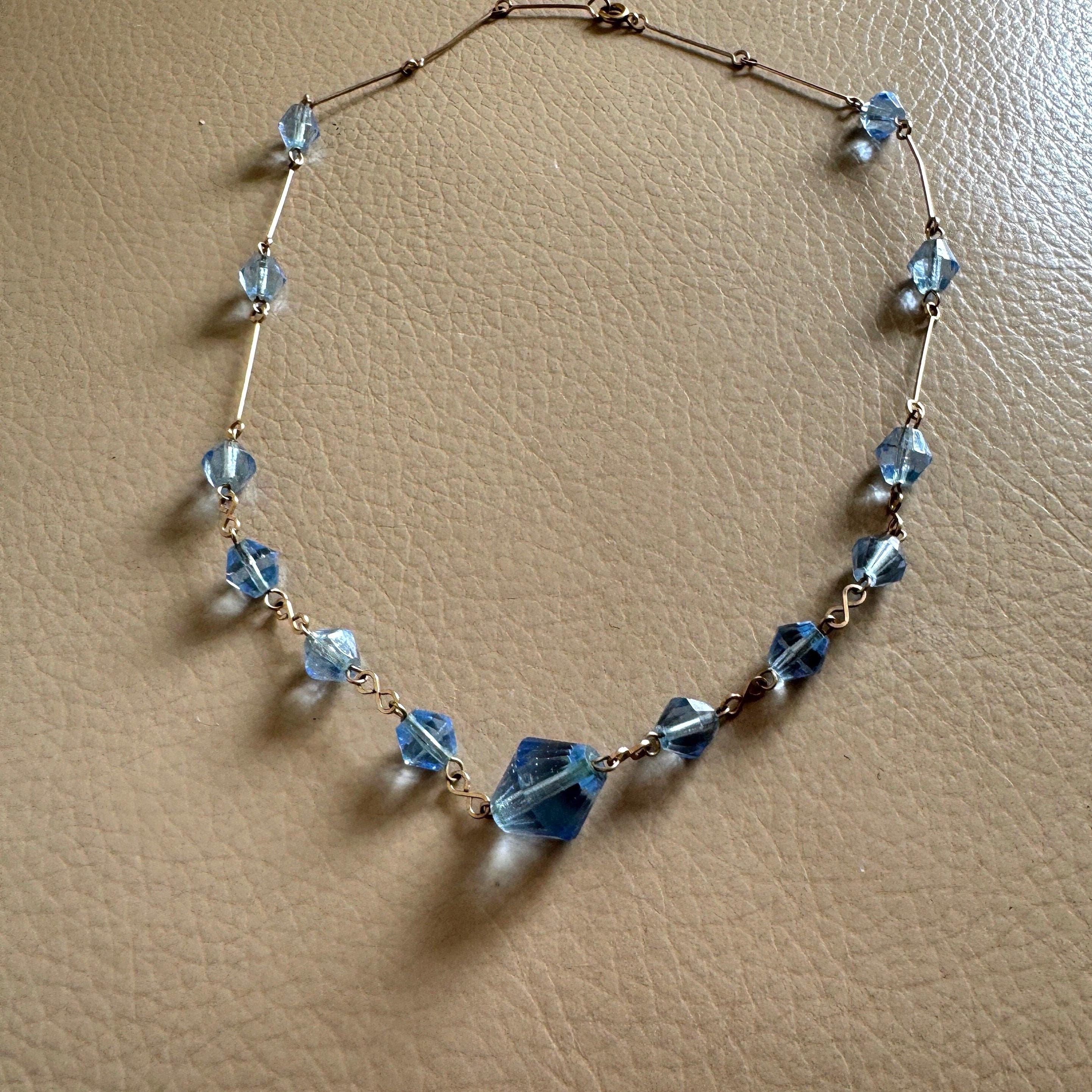 Collier Vintage En Perles De Pâte De Verre Bleue - 30 Perles - Style Rétro - Occasion