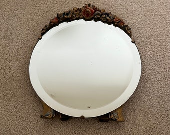 Vintage Freestanding Vanity Mirror: 1920s Ceramic Floral Decor