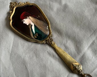 1920s Hand Mirror Enamel Mirror Antique Miniature Portrait Foiled Mirror Signed Picture Mirror Hand Painted Mirror 1910s Antique German